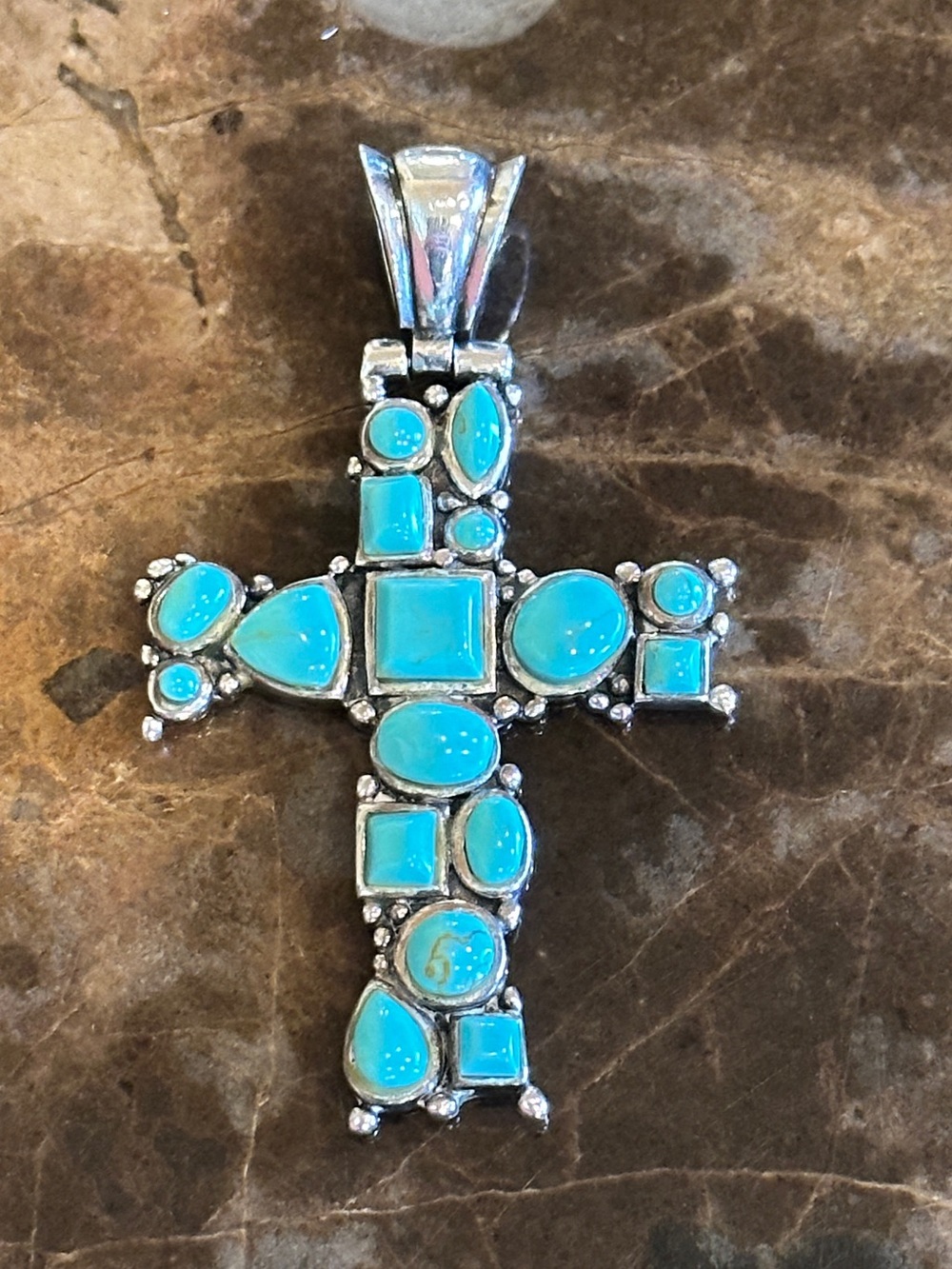 Genuine Turquoise and 925 Sterling Silver Cross Pendant